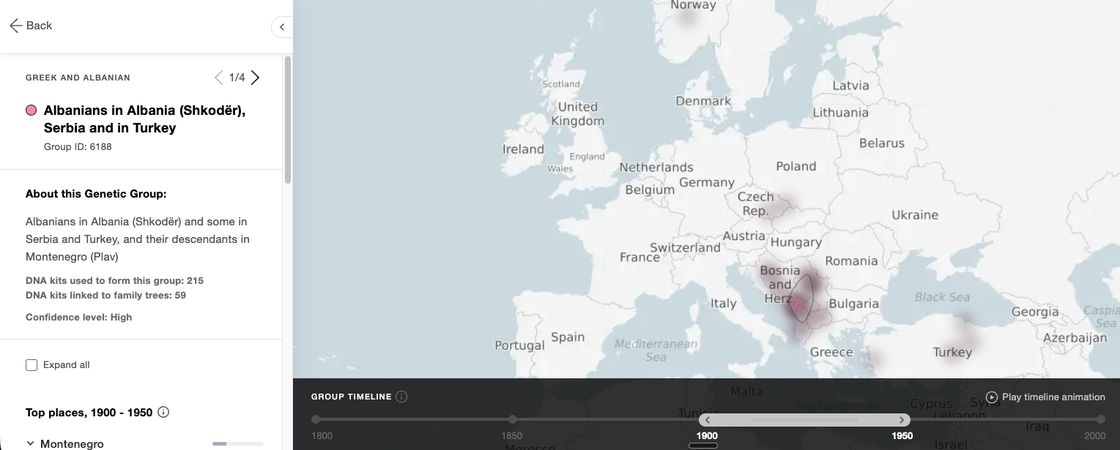 Rezultati i testit të ADN-së në MyHeritage: grupi gjenetik «Albanians in Albania (Shkodër), Serbia and in Turkey», besueshmëri e lartë, mbi hartën e Ballkanit